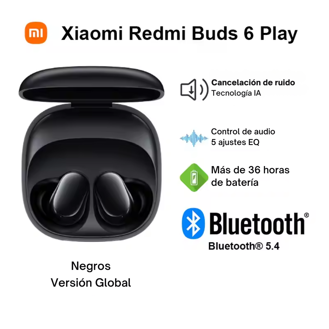 Xiaomi Redmi Buds 6 Play, Auriculares Inalámbricos, Bluetooth 5.4, Reducción De Ruido IA, Control Táctil, 5 modos EQ