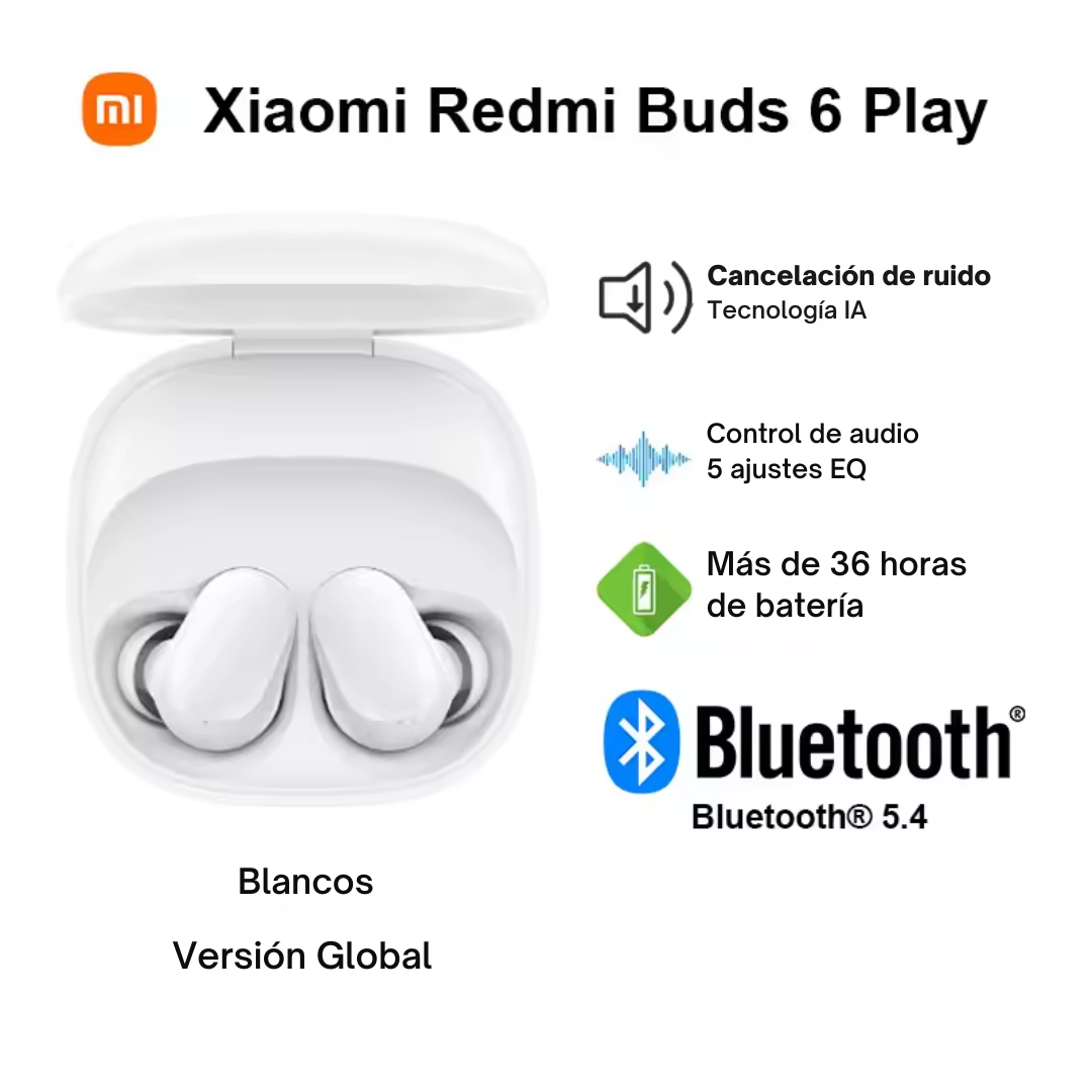 Xiaomi Redmi Buds 6 Play, Auriculares Inalámbricos, Bluetooth 5.4, Reducción De Ruido IA, Control Táctil, 5 modos EQ